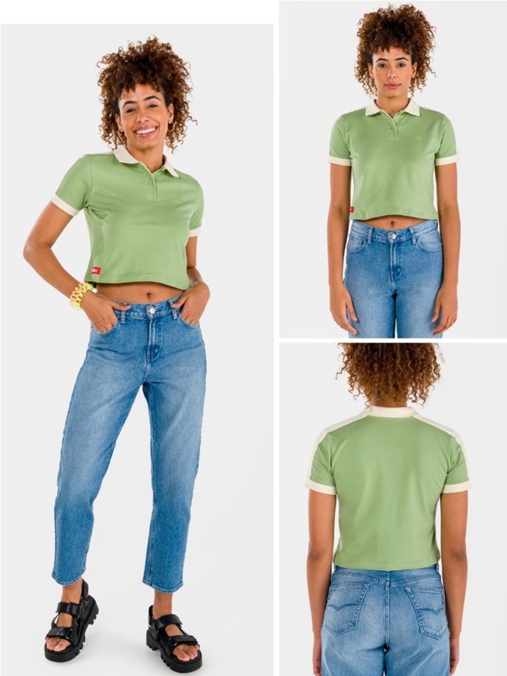 Cropped Polo Top in Sage Green with Contrast Collar